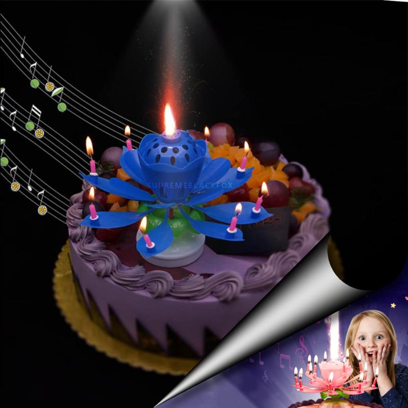 Blue Musical Flower Birthday Candles Lotus Flower Spinning Candles